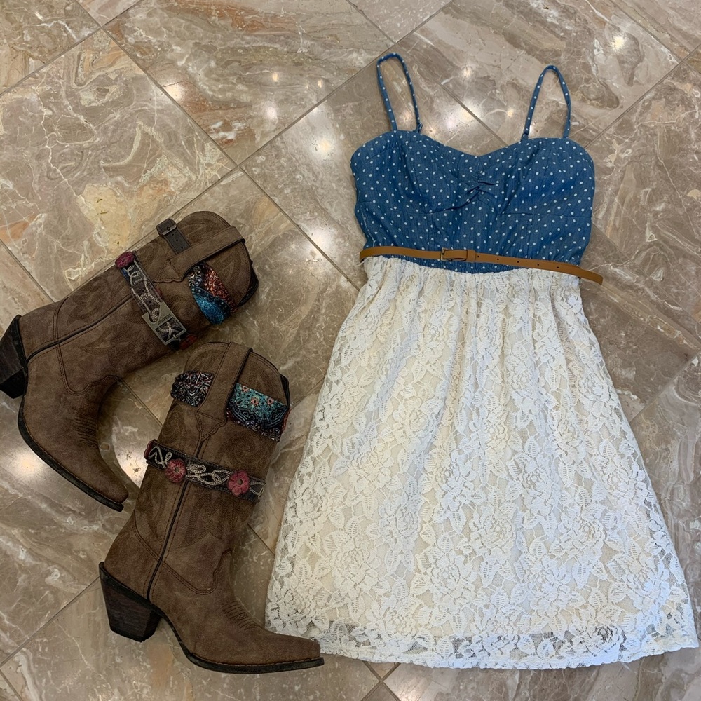 Blue jean and cream lace country dress - Picture 1 of 5